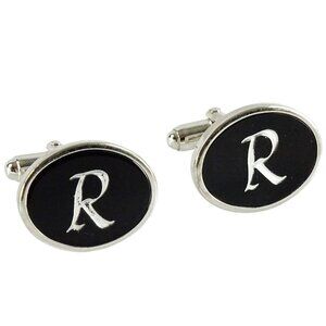 Anson Letter R Initial Cufflinks Black Oval Silvertone Monogram